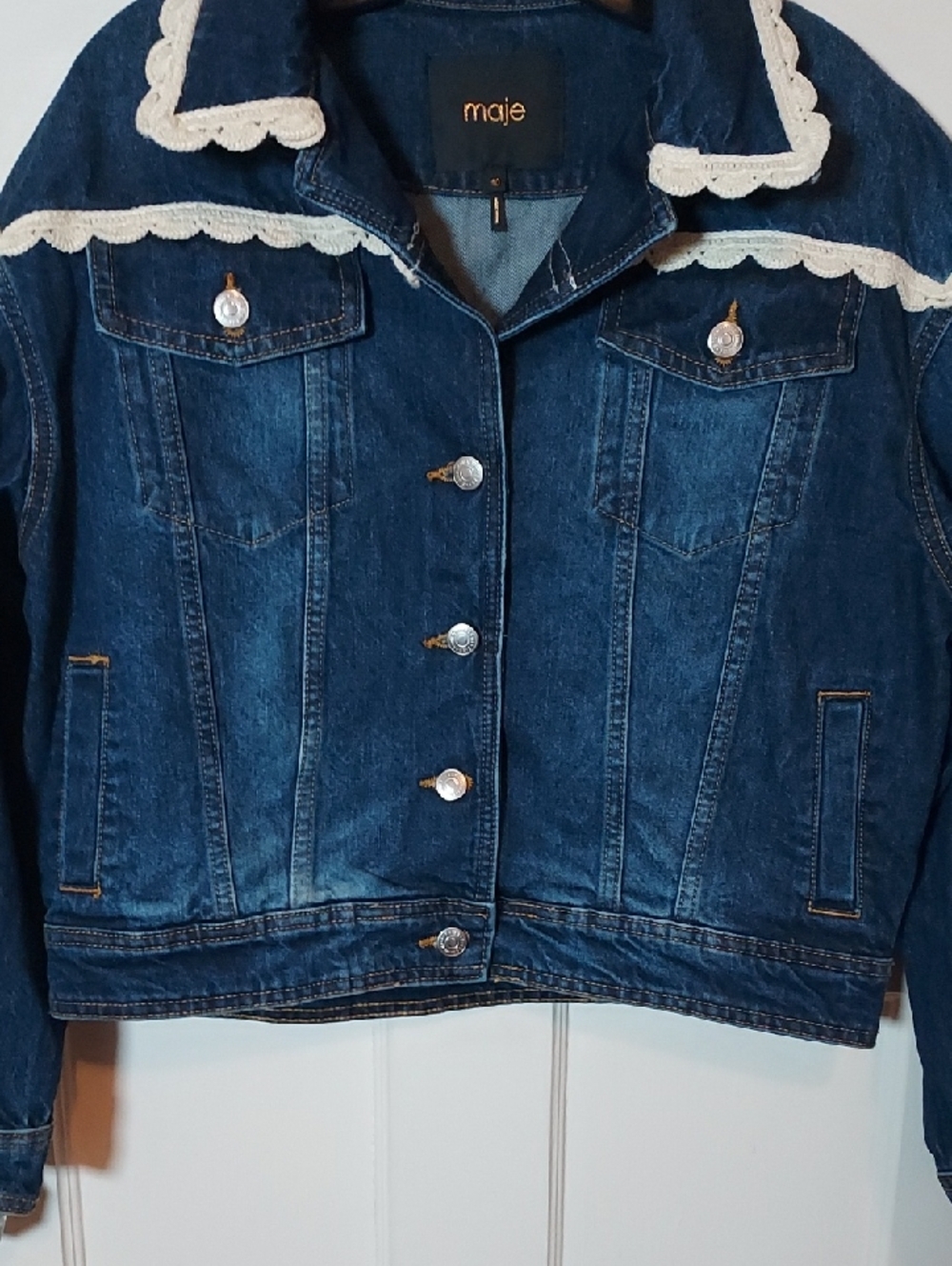 Maje Denim Jacket With Crochet Hook Finishes Size 40 US Sz Large - Picture 7 of 16